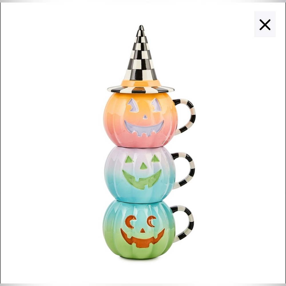 Mackenzie Childs Trick or Treat Lidded Pumpkin Tower set of 3 mugs Brand New